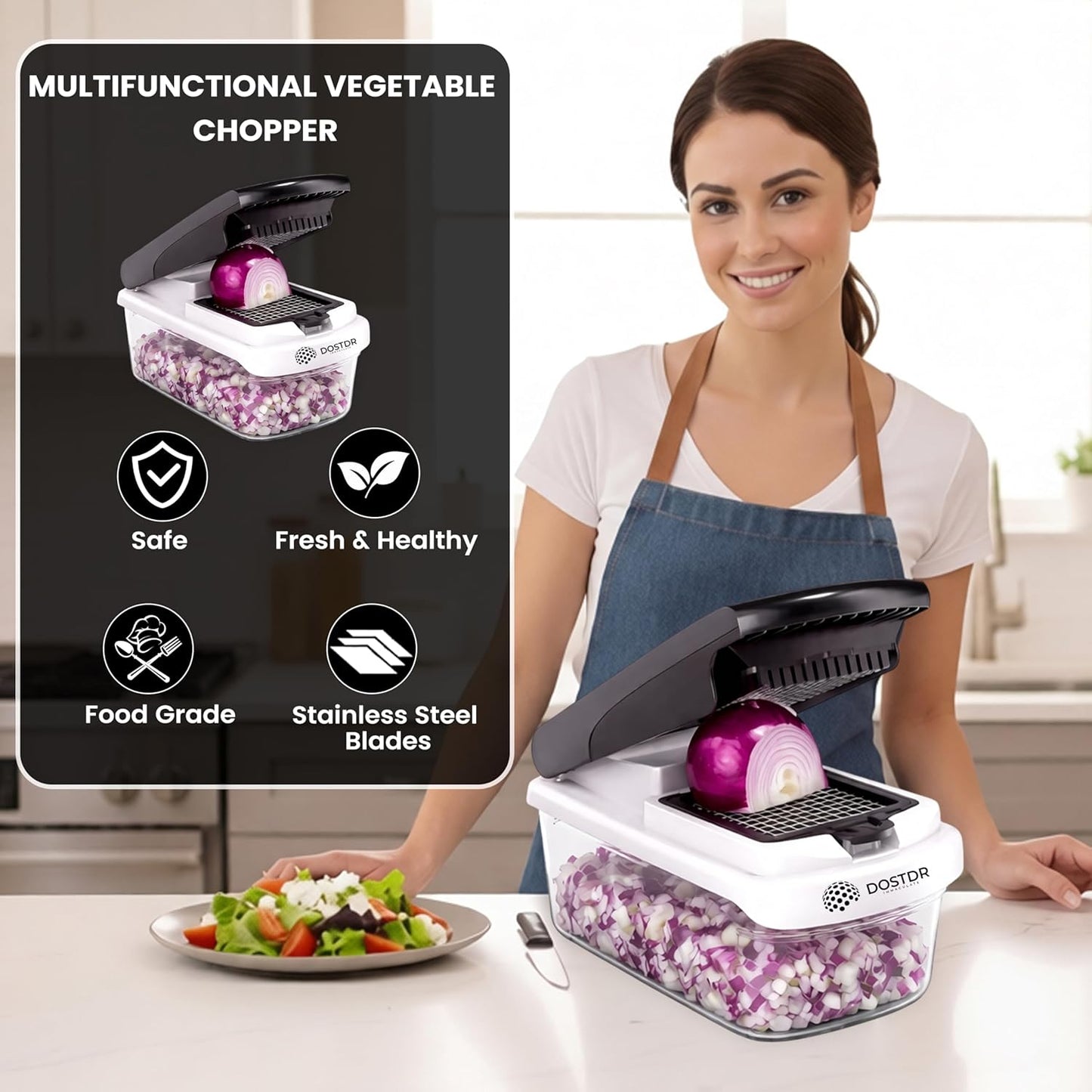 Compact Premium Vegetable Chopper, Mandoline Slicer, Veggie Chopper Food Chopper Container, Vegetable Cutter, Onion Salad Vegetable Chopper, Fruit Slicer, Shredding (White & Black)