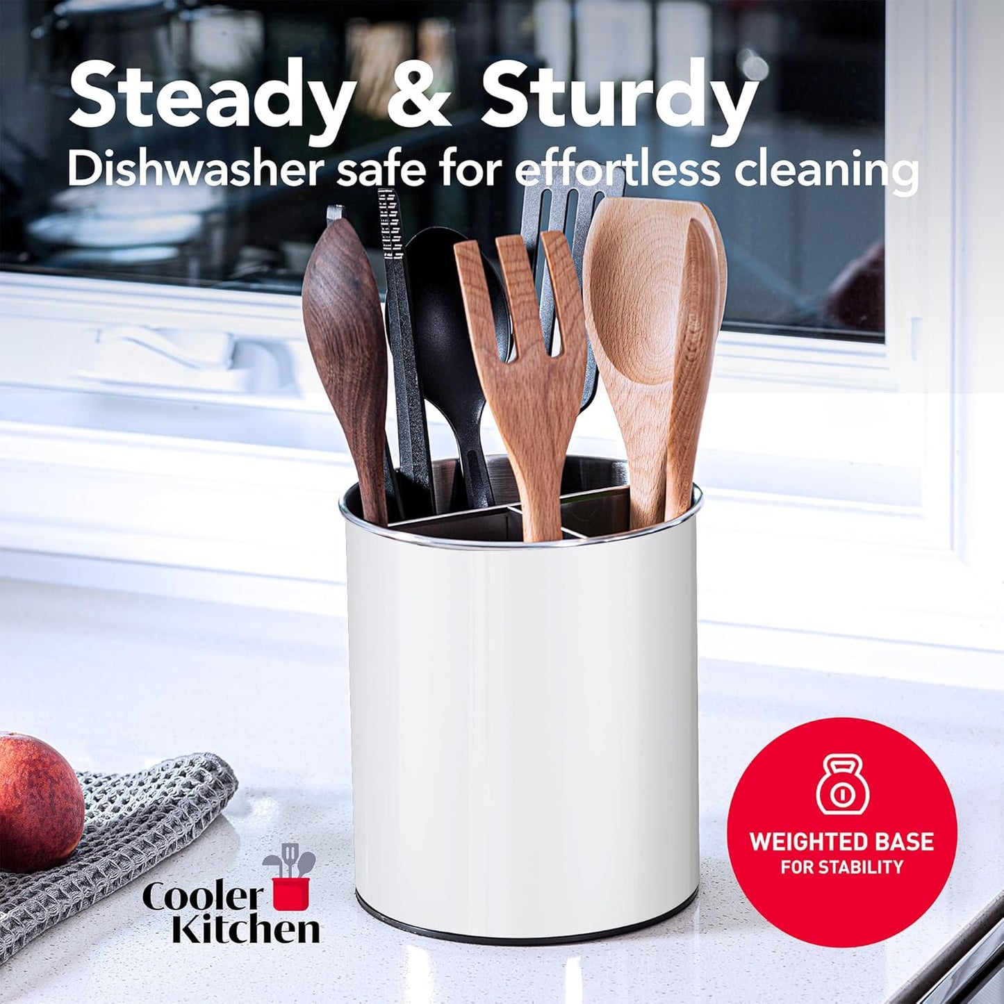 Cooler Kitchen Jumbo Extra Large Sturdy Rotating Black Utensil Holder Caddy with No-Tip Weighted Base, and Gripped Insert - Rust Proof and Dishwasher Safe Kitchen Utensils Holder