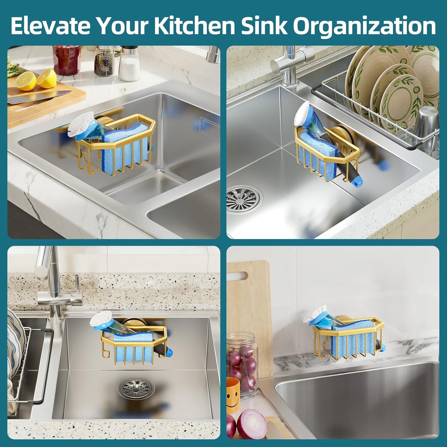 TAILI Sponge Holder for Kitchen Sink with Strong Suction Cup Removable, Rustproof Aluminum Sink Caddy for Sponge, Brush, Scrubber, Scraper -Silver
