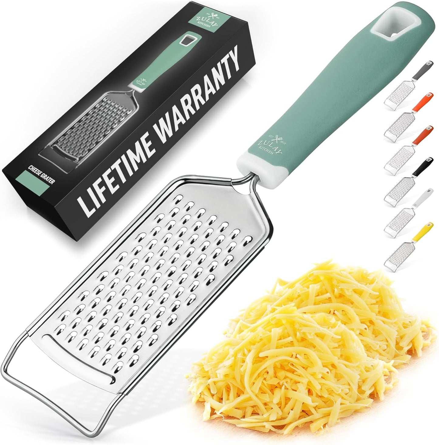 Zulay Kitchen Professional Cheese Grater Stainless Steel - Durable Rust-Proof Metal Lemon Zester Grater With Handle - Flat Handheld Grater For Cheese, Chocolate, Spices, And More - White