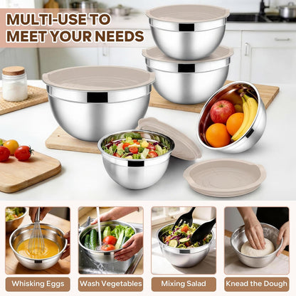 E-far Mixing Bowls with Lids, 6-Piece Stainless Steel Salad Bowls Metal Nesting Bowls for Baking Cooking and Prepping, Airtight Lids & Stackable Design, Size 4.5, 3, 1.5 QT (Black)
