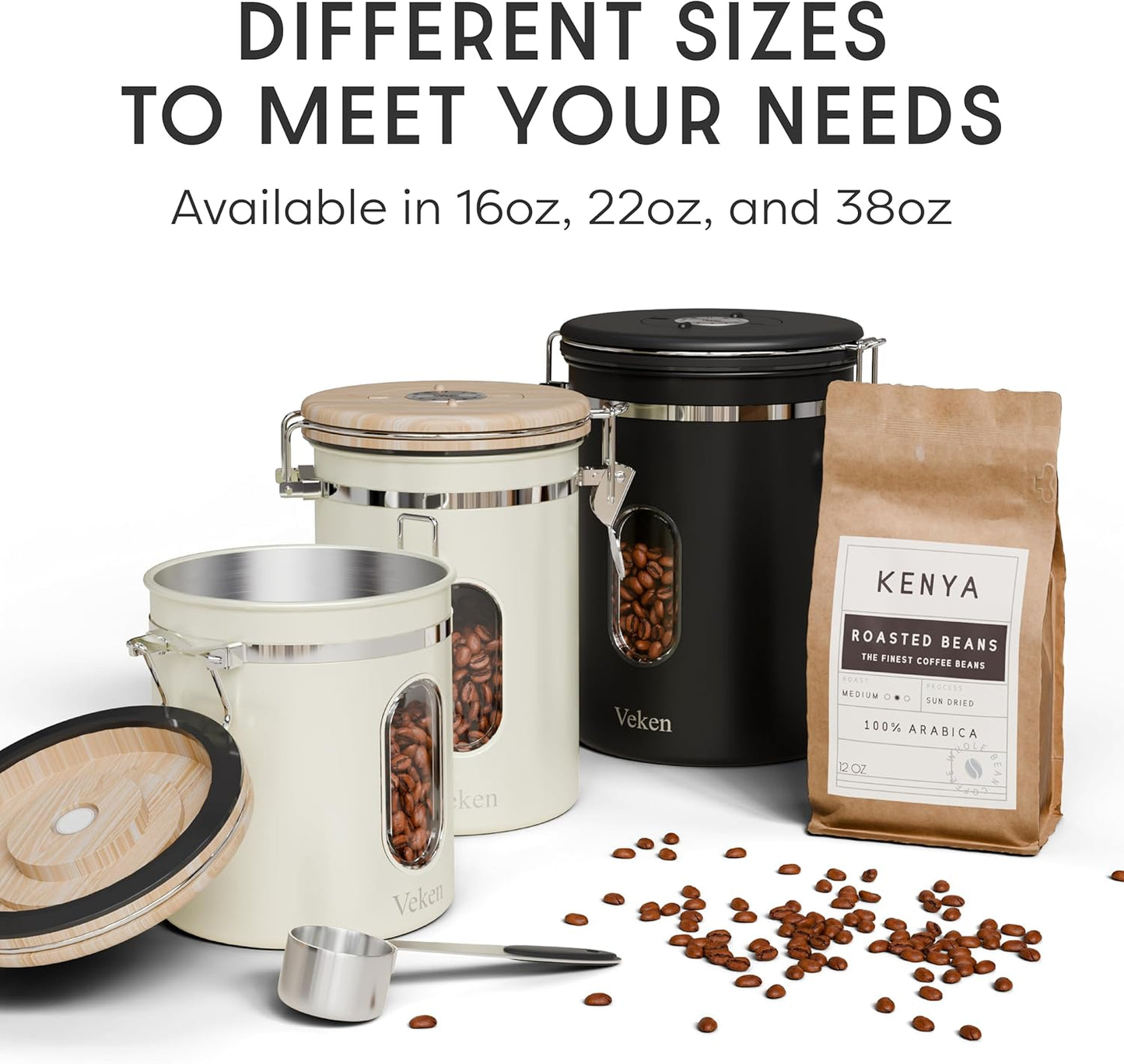 Veken Coffee Canister with Window,Airtight Stainless Steel Pantry Container,Home Kitchen Food Storage Organizers for Ground,Beans,Espresso,Rice,Tea,Sugar,Cereal, Decor,Bar Accessories,Gifts,22OZ,Black