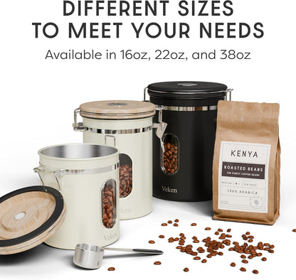 Veken Coffee Canister with Window,Airtight Stainless Steel Pantry Container,Home Kitchen Food Storage Organizers for Ground,Beans,Espresso,Rice,Tea,Sugar,Cereal, Decor,Bar Accessories,Gifts,22OZ,Black