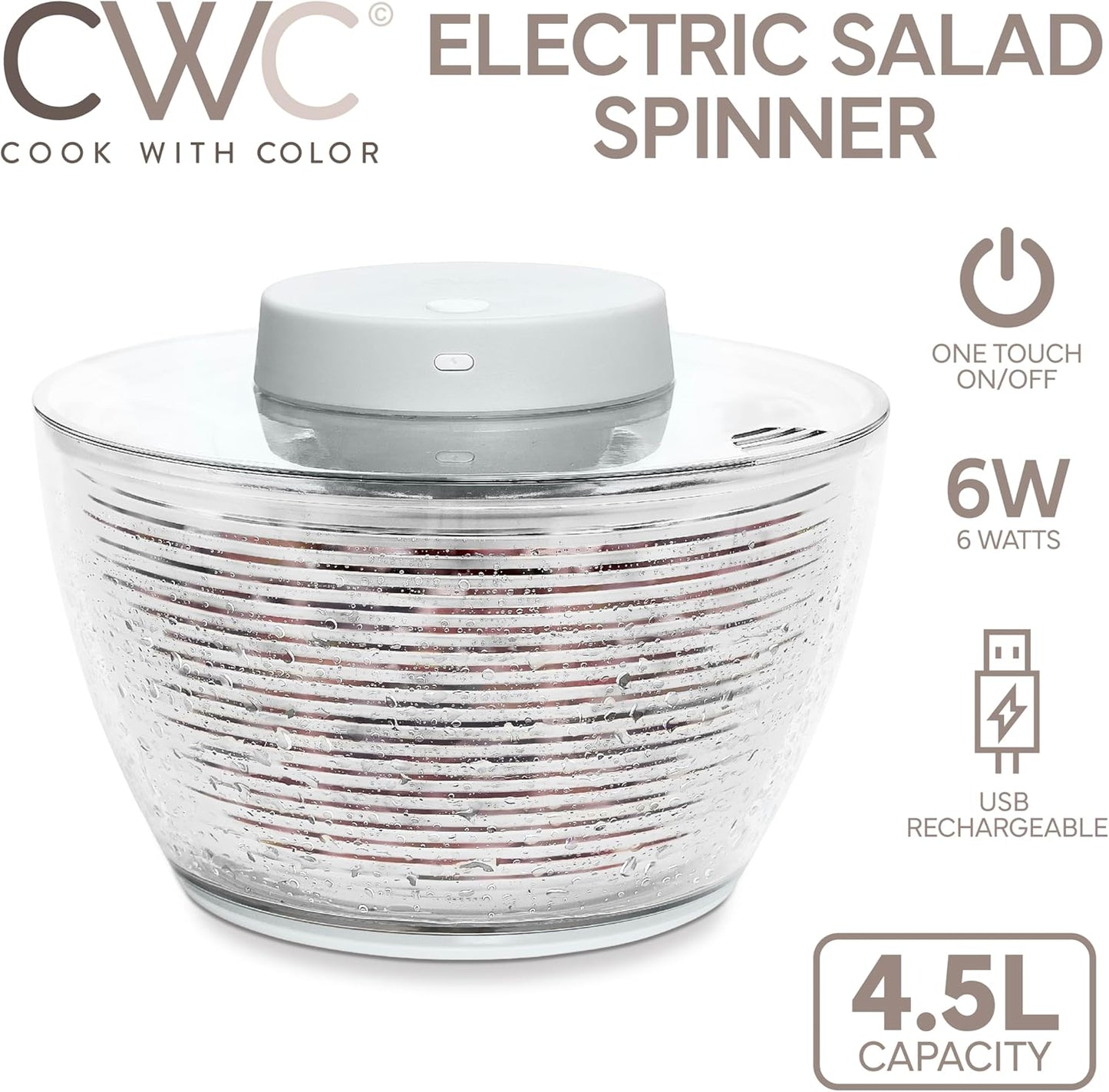 COOK WITH COLOR Electric Salad Spinner, Round 4.5L Capacity – Fast Drying & Easy Spin for Fresh Greens, Cream