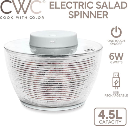COOK WITH COLOR Electric Salad Spinner, Round 4.5L Capacity – Fast Drying & Easy Spin for Fresh Greens, Cream