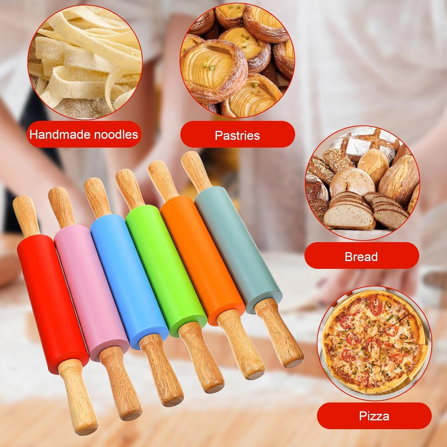 6 Pack 15 Inch Silicone Rolling Pins for Baking, Rolling Pin Non Stick with Wooden Handle, Small Rolling-Pins for Dough, Cookie, Pastry, (6 Colors)