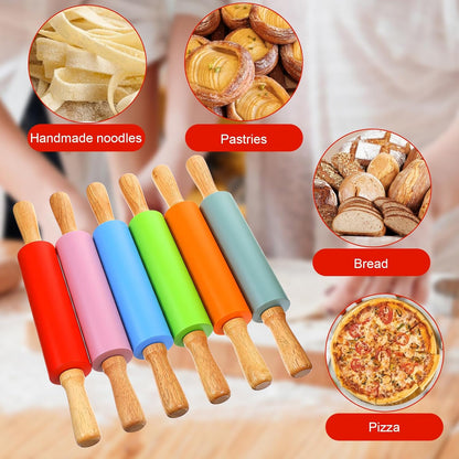 6 Pack 15 Inch Silicone Rolling Pins for Baking, Rolling Pin Non Stick with Wooden Handle, Small Rolling-Pins for Dough, Cookie, Pastry, (6 Colors)