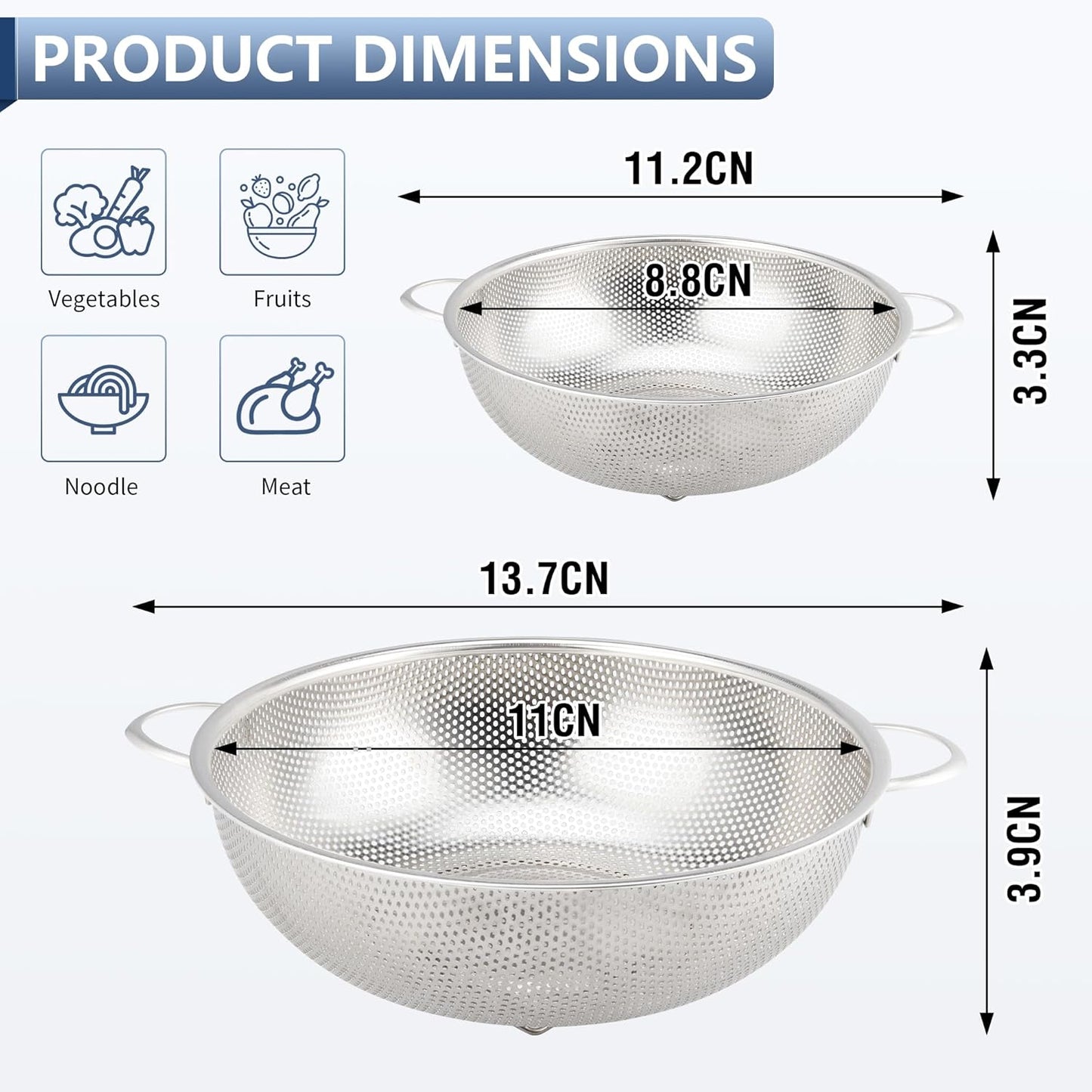Gulex Colander Stainless Steel 3-Quart, Metal Strainer with Base, Strainer for Kitchen Food, Dishwasher Safe