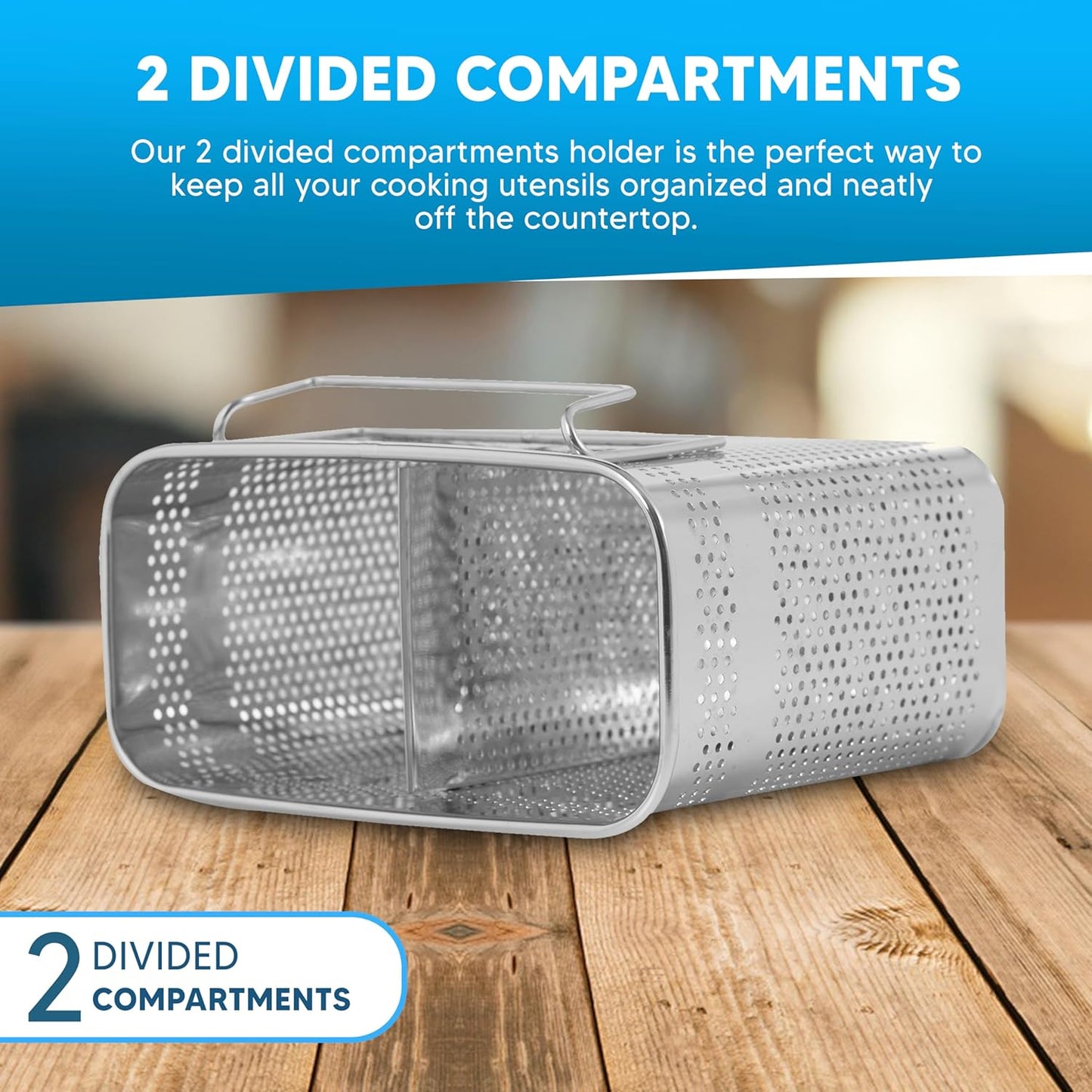 HOME&I Silverware Drying Basket for Dish Rack, SUS 304 Stainless Steel Hanging Utensil Holder with Wide Stable Hooks, 2-Compartment Cutlery Caddy for Kitchen Sink & Counterto