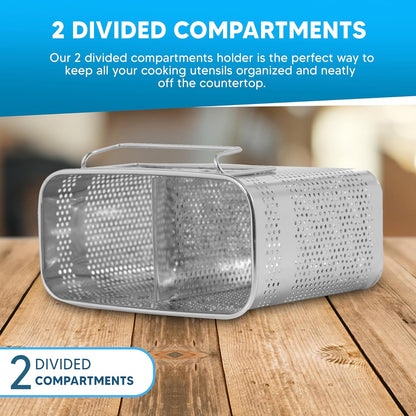 HOME&I Silverware Drying Basket for Dish Rack, SUS 304 Stainless Steel Hanging Utensil Holder with Wide Stable Hooks, 2-Compartment Cutlery Caddy for Kitchen Sink & Counterto