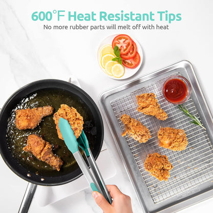 600ºF Heat Resistant Kitchen Tongs: U-Taste 9 inch Silicone Cooking Tong with Firm Sealed Non Stick Rubber Tips & Silicon Coated 18/8 Stainless Steel Handle & Smooth Locking for Serving Salad (Black)
