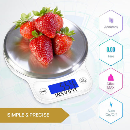 INEVIFIT Digital Kitchen Scale, Highly Accurate Multifunction Food Scale 13 lbs 6kgs Max, Clean Modern Black with Premium Stainless Steel Finish. Includes Batteries