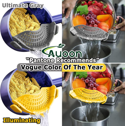 2PACK AUOON Clip on Strainer for All Pots Pans - Silicone Pasta Strainer Kitchen Colander for Draining Noodles Spaghetti Ground Beef Grease｜Easy to Use and Store, Dishwasher Safe (BlackGreen)