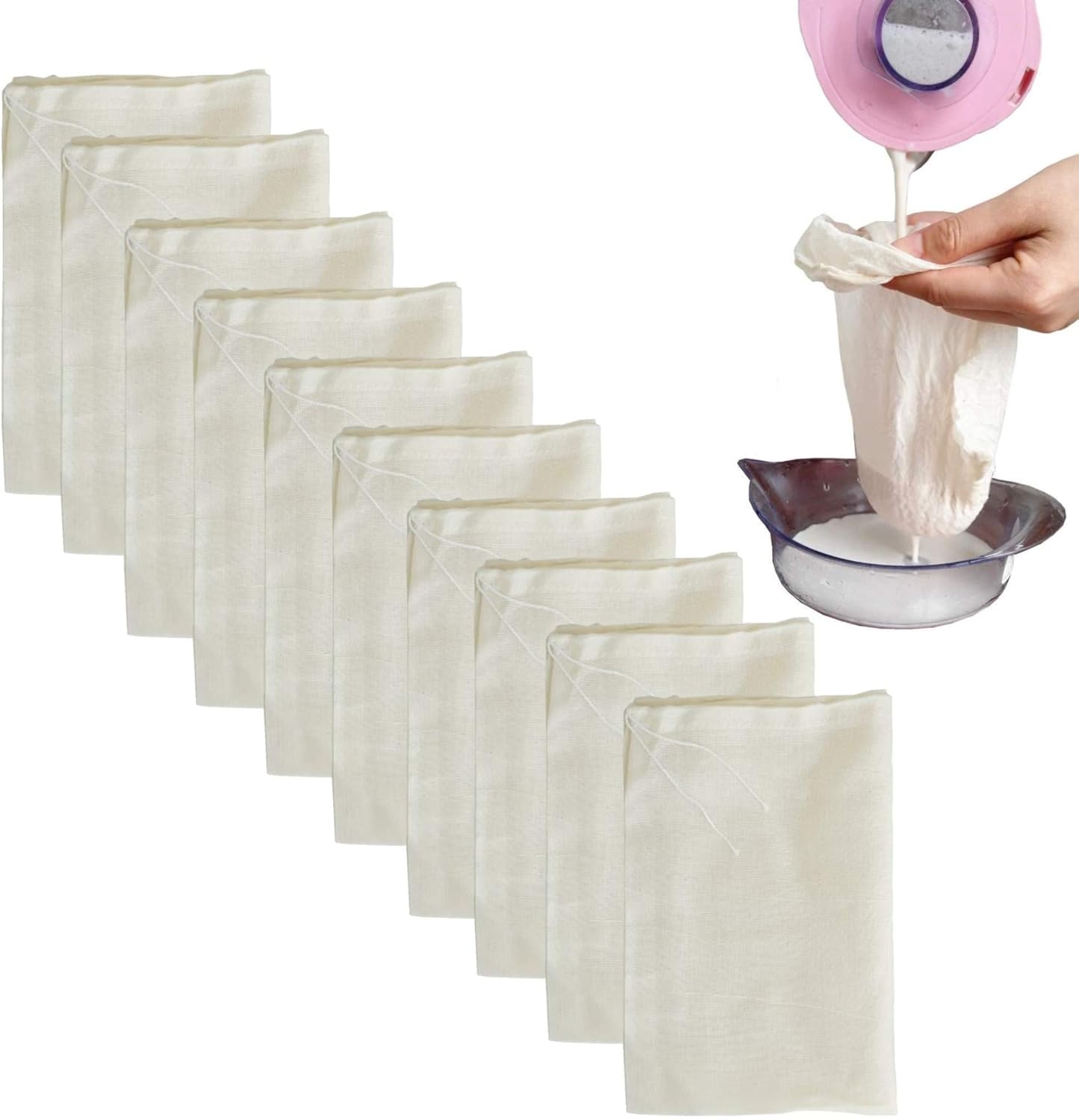 Cheesecloth Bags for Straining,Reusable Cold Brew Coffee Cheese Cloths Strainer,Large Nut Milk Tea Juice Bag,100% Natural Cotton Fine Mesh Filter Bags (X-Small,10 PACK)