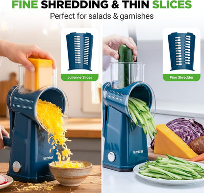 NutriChef 5 in 1 Cheese Grater & Shredder | 5 Different Blades for Thin, Thick, Julienne Strips, Wavy, & Straight Strips | Includes Hand Crank, Strong Suction Base & Storage Container | Black
