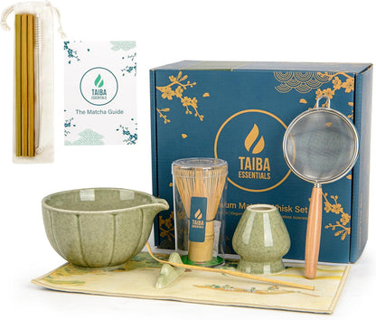 12-Piece Matcha Whisk Set - Complete Matcha Kit Including Matcha Bowl with Spout, Bamboo Whisk, Bamboo Straws, Scoop with Holder, Sifter with Wooden Handle & More - Premium Matcha Gift Set