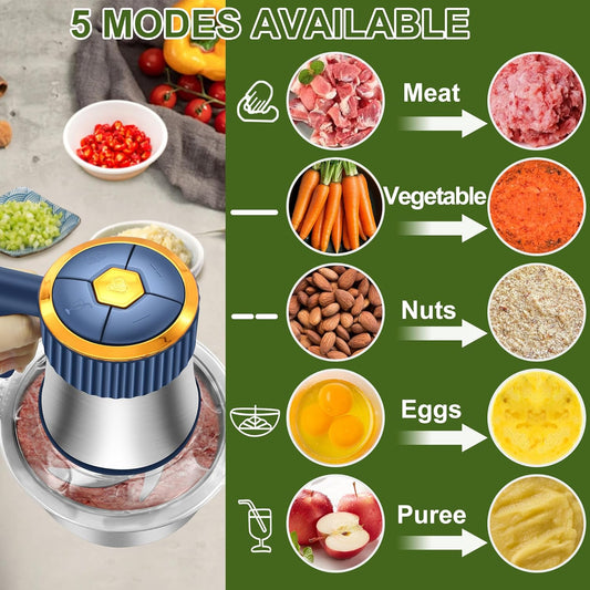 Food Processor, 5-Speed Electric Food Chopper, Meat Grinder with 2 Bowls (8 Cup+8 Cup) & 2 Sets of Blades, Meat Processor for Meat, Vegetables, Fruits and Nuts (Green)