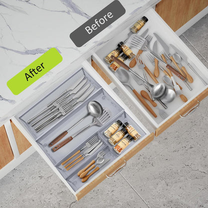 Neudeco Silverware Drawer Organizer - 5 Compartment Cutlery Tray with Non-Slip Feet, Mesh Wire Flatware Storage Divider for Kitchen, Bedroom, Living Room (Silver)