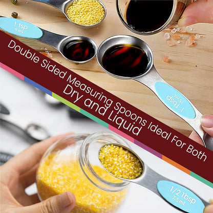 Magnetic Measuring Spoons Set of 9 Stainless Steel Dual-Sided Stackable Measuring Spoon Nesting Teaspoons Measuring Dry and Liquid Ingredients, Fits in Spice Jars Set of 9 (Yellow)