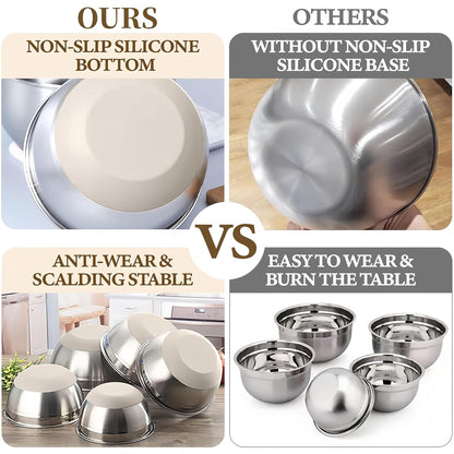 Mixing Bowls with Lids Set,7PCS Stainless Steel Bowls with 3 Grater Attachments and Measuring Spoons,Ideal for Kitchen Cooking & Serving,Non-slip Bottoms Size 6, 4, 3, 2.1,1.5,1,0.63QT (Beige)