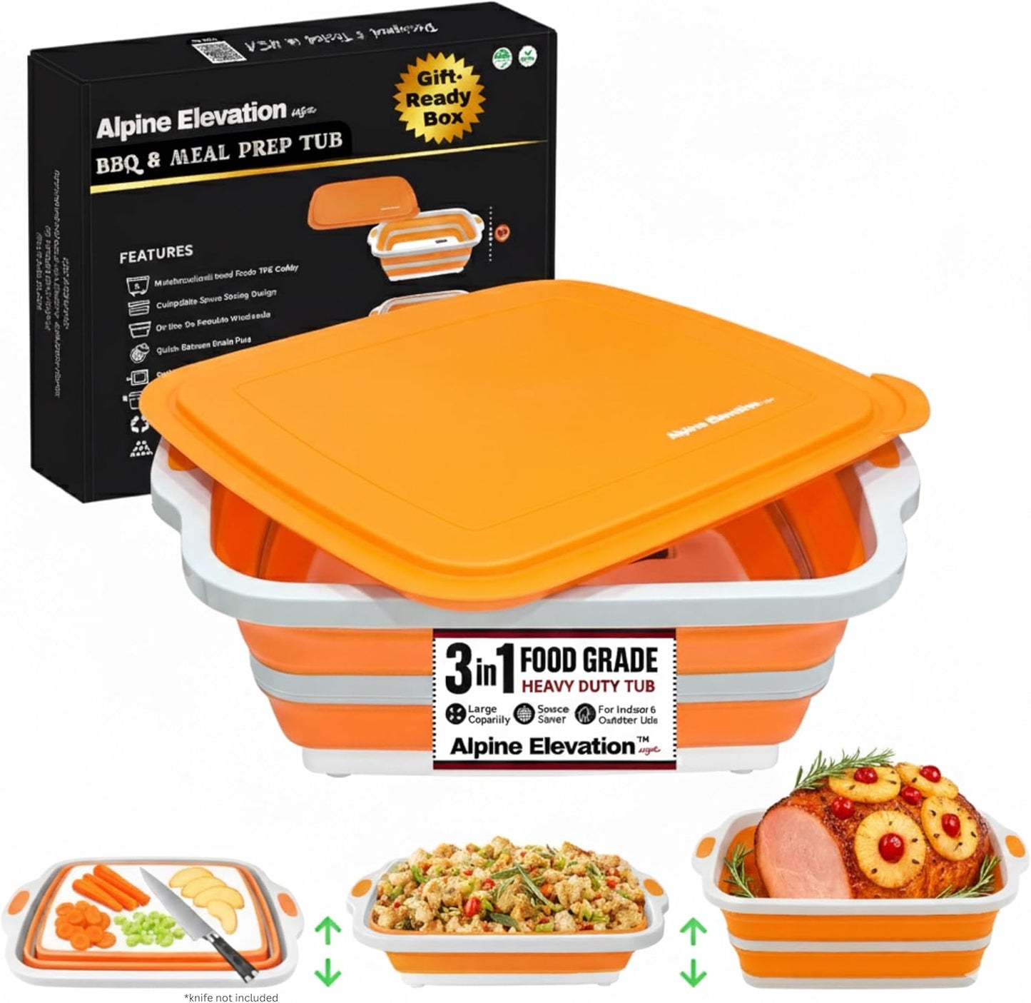 Collapsible Large (8L) BBQ Marinating Tub w/ Cutting Board | Multipurpose Food-Grade TPE Prep Tub w/ Lid | Built-In Colander & Drain Plug - For Camping | Tailgate | Picnic - Slate Black