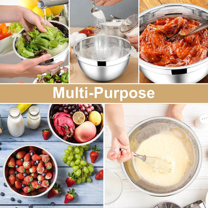 E-far Mixing Bowls with Lids, 6-Piece Stainless Steel Salad Bowls Metal Nesting Bowls for Baking Cooking and Prepping, Airtight Lids & Stackable Design, Size 4.5, 3, 1.5 QT (Black)