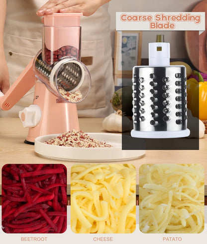 Ourokhome Rotary Cheese Grater Hand Crank, Kitchen Shredder Speed Mandolin Slicer Nut Grinder with Handle and Drum Blades for Cheese, Vegetable, Walnut, Chocolate, Potato, Carrot, 3 Blades, Dark Blue