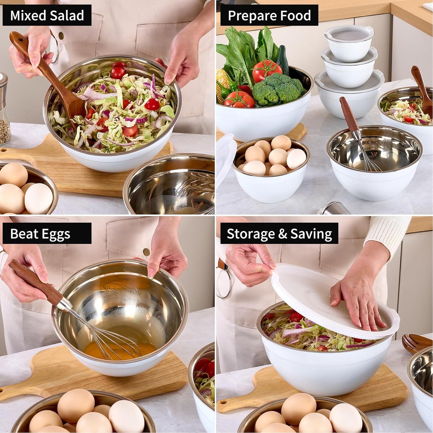 Red Mixing Bowls with Lids Set of 7, Stainless Steel Nesting Bowl with Khaki Lid for Non-slip Mixing Prepping Storing Serving, 7 Sizes-7/3.6/2.7/2.1/1.5/1/0.8 QT