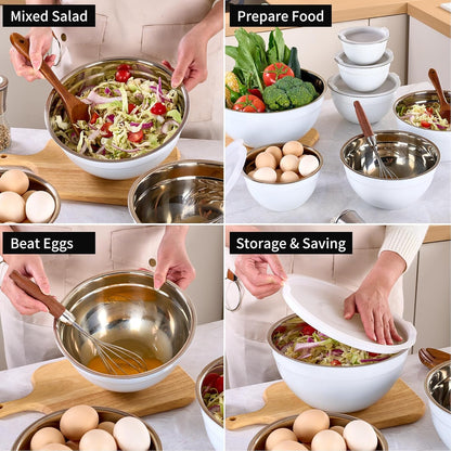 Red Mixing Bowls with Lids Set of 7, Stainless Steel Nesting Bowl with Khaki Lid for Non-slip Mixing Prepping Storing Serving, 7 Sizes-7/3.6/2.7/2.1/1.5/1/0.8 QT