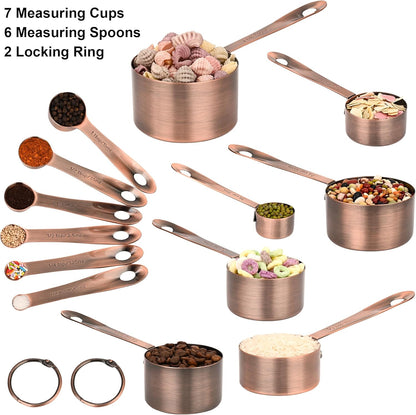 Measuring Cups and Spoons Set, Copper Measuring Cups and Spoons Set for Baking & Kitchen, Stainless Steel Measure Cup and Spoon for Dry &Liquid, Metal 7 Measure Cups&6 Spoons