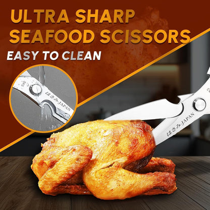 Huusk Seafood Scissors Silver - Stainless Steel Kitchen Shears Dishwasher Safe, Sharp Japanese-Style Kitchen Scissor for Crab, Shrimp, Lobster, Herbs and Food Prep, Christmas Gifts for Men Women
