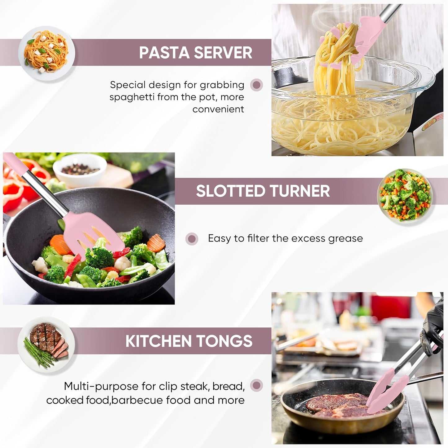TeamFar Kitchen Utensils Set of 8, Silicone Utensils Kitchen Tools Set with Stainless Steel Handle, for Frying Serving Flipping Draining, Non-toxic & Heatproof, Nonstick & Dishwasher Safe - Black