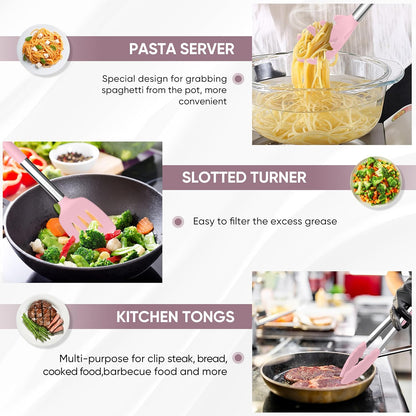 TeamFar Kitchen Utensils Set of 8, Silicone Utensils Kitchen Tools Set with Stainless Steel Handle, for Frying Serving Flipping Draining, Non-toxic & Heatproof, Nonstick & Dishwasher Safe - Black