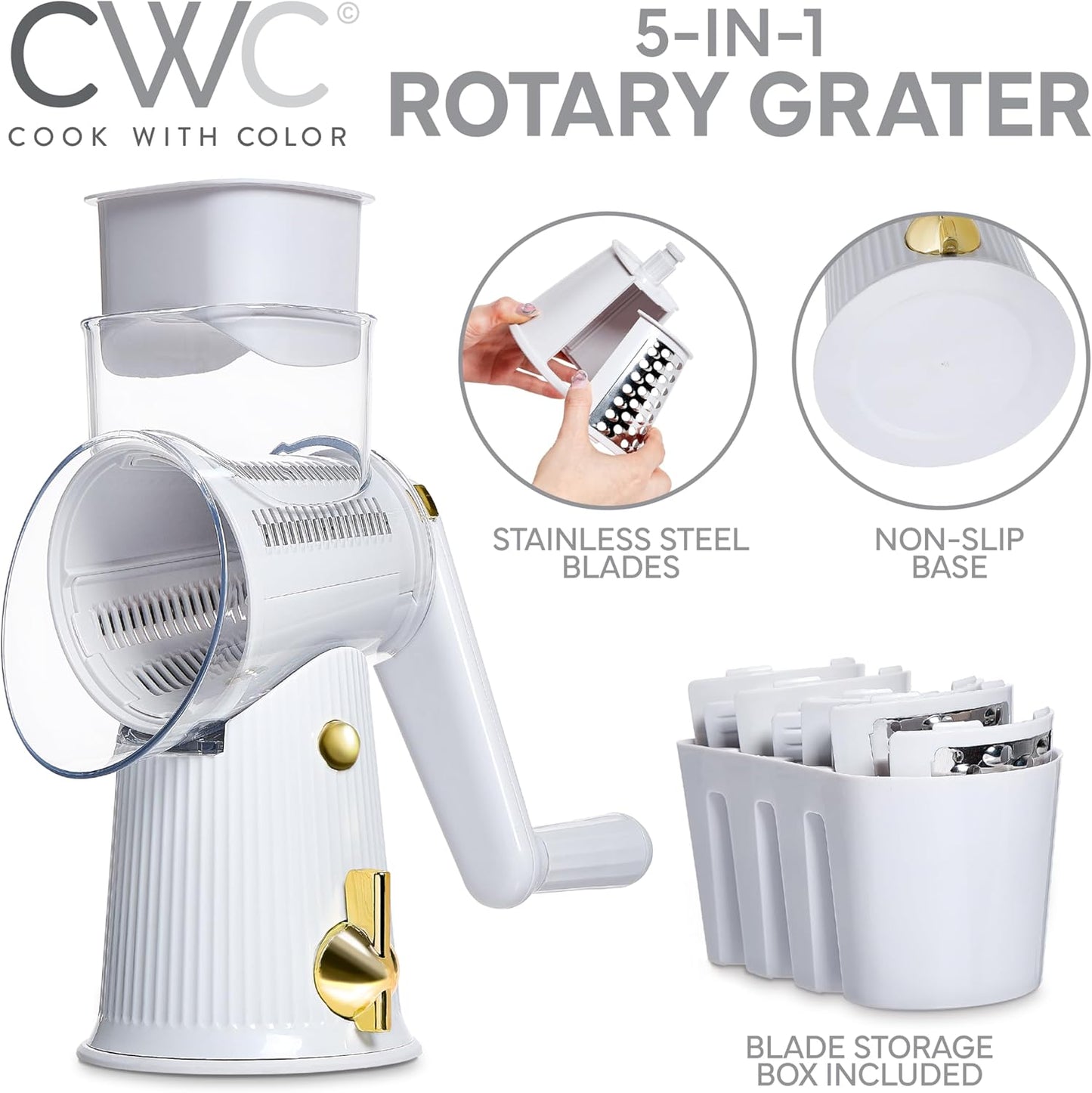 COOK WITH COLOR Rotary Cheese Grater with Handle - Counter Cheese Grater Suction Base with Hand Crank - 5 Blade Cheese Shredder - Easy to Use Manual Vegetable Chopper and Mandolin