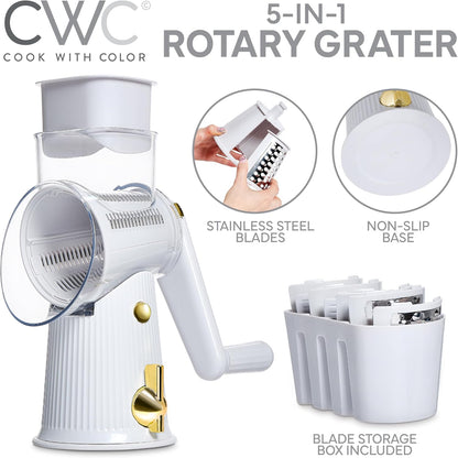 COOK WITH COLOR Rotary Cheese Grater with Handle - Counter Cheese Grater Suction Base with Hand Crank - 5 Blade Cheese Shredder - Easy to Use Manual Vegetable Chopper and Mandolin
