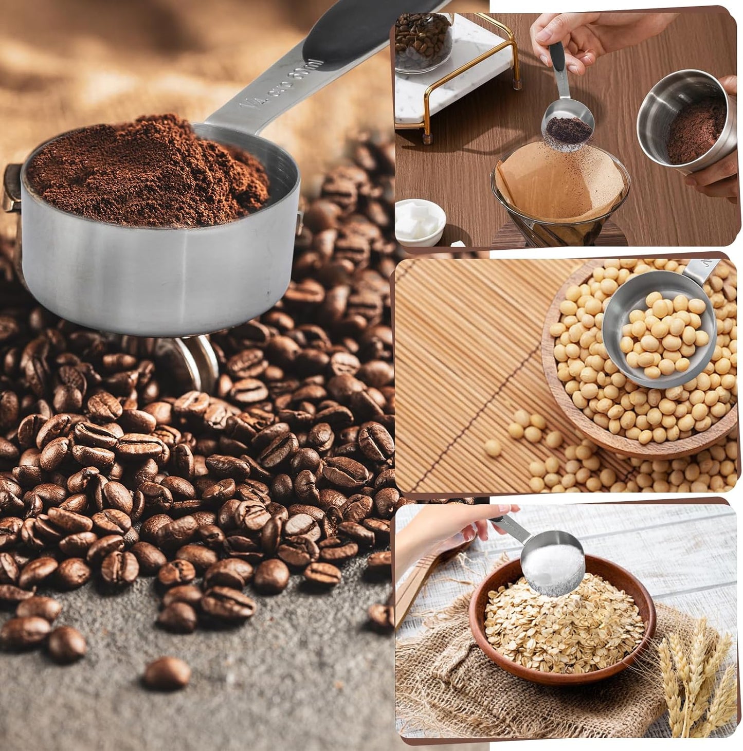 1/4 Cup Measuring Cup, 60 ML Stainless Steel Coffee Measuring Scoops, Single Metal Coffee Scoop with Black Silicone Handle