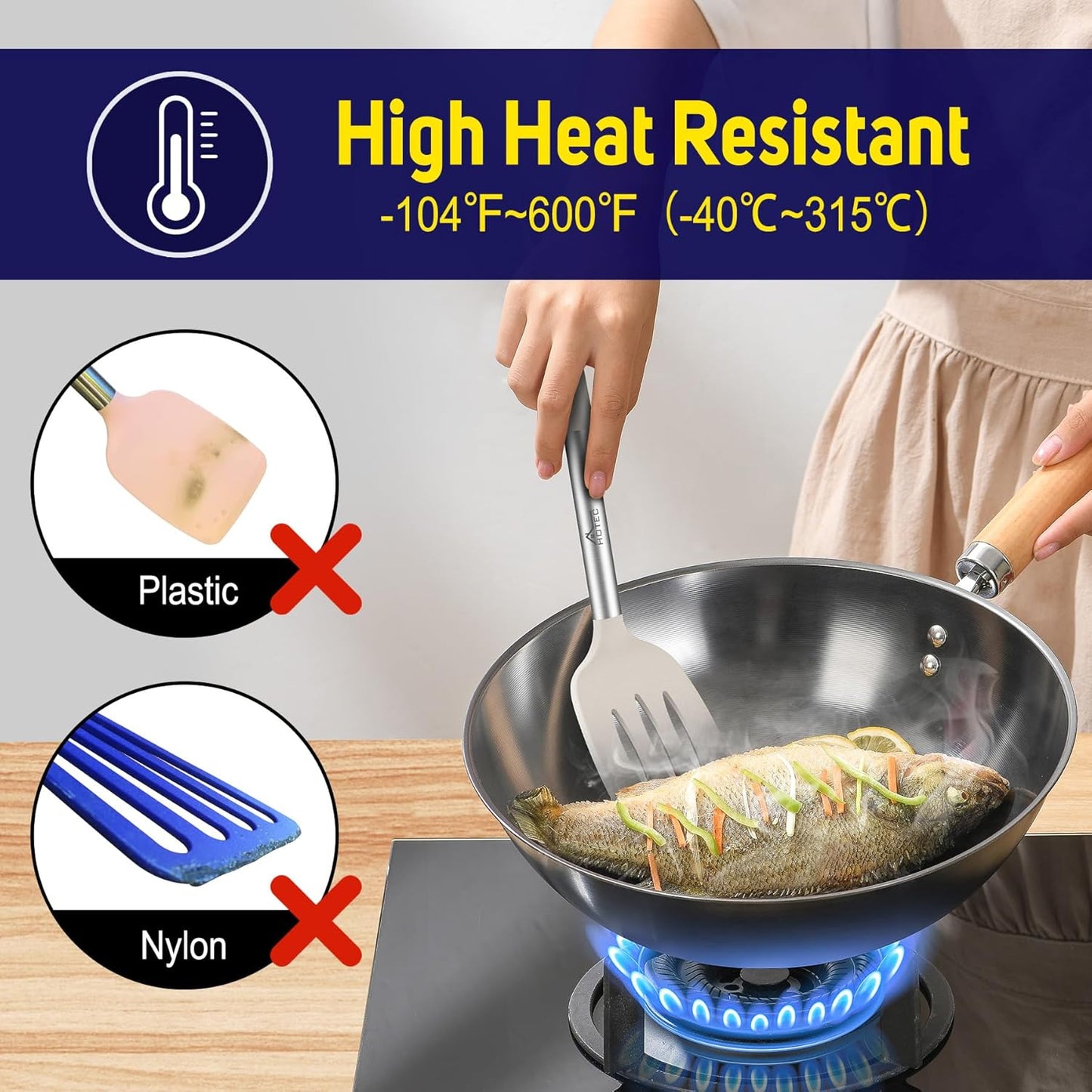 HOTEC Silicone Spatula Set of 2, High Heat-Resistant & BPA-Free Kitchen SaptulaTurner with Stainless Steel Handles, Slotted & Solid Spatulas for Nonstick Cookware, 13.7 Inch, Black