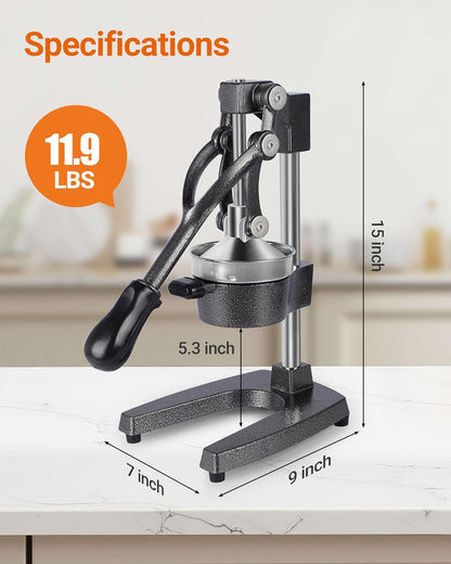 Heavy Duty Cast Iron Manual Juicer, Professional Citrus Press Squeezer for Orange, Pomegranate, Lemon & Lime, Commercial Hand Press Juicer with 304 Stainless Steel Cup