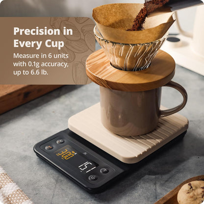 Greater Goods Coffee Scale with Timer – 0.1g Precision Digital Coffee & Espresso Scale for Pour-Over, Coffee Bean Weighing, Barista Brewing, Waterproof Cover, 3kg Capacity (Onyx Black)