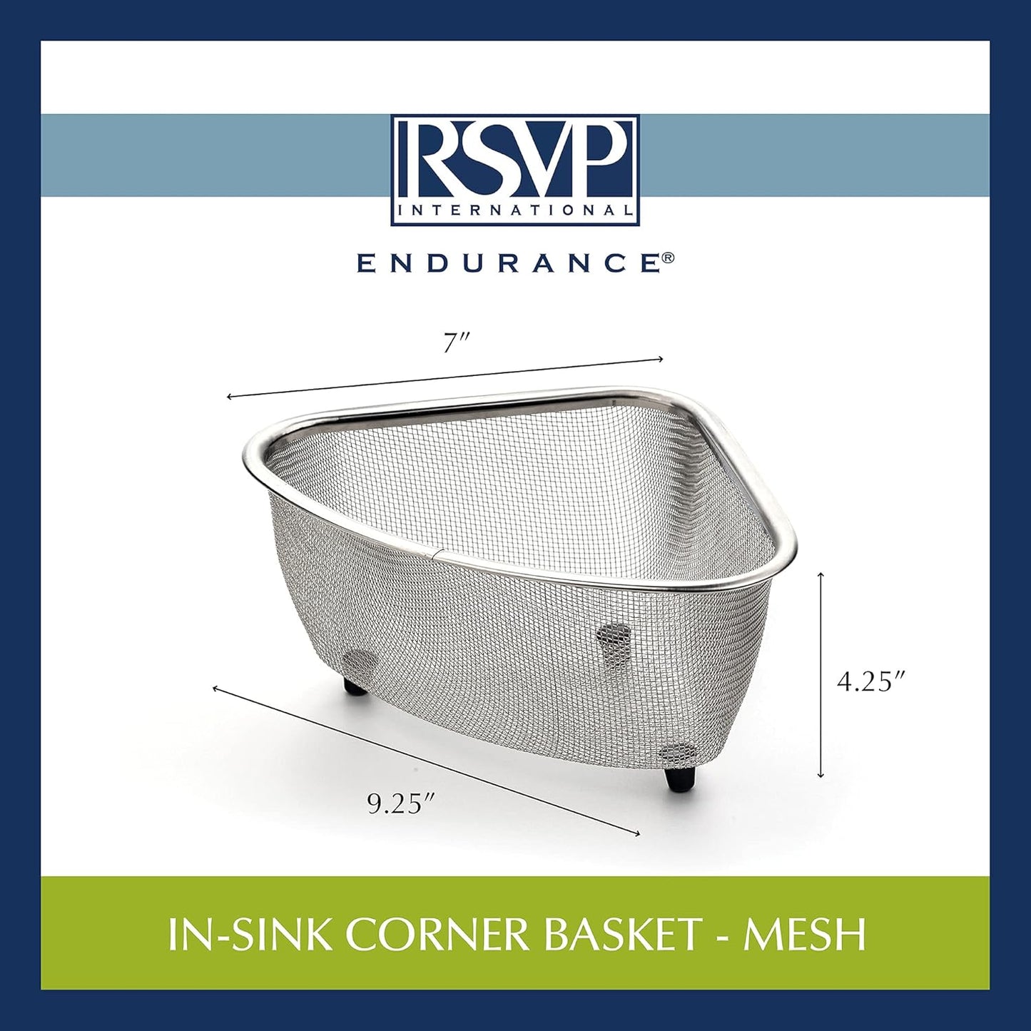 RSVP International Endurance® In-Sink Mesh Colander Strainer Basket, 3 Quart | Organize Sponges, Collect Food Scraps | Dishwasher Safe | Small Corner Basket | Steaming, Draining & Rinsing