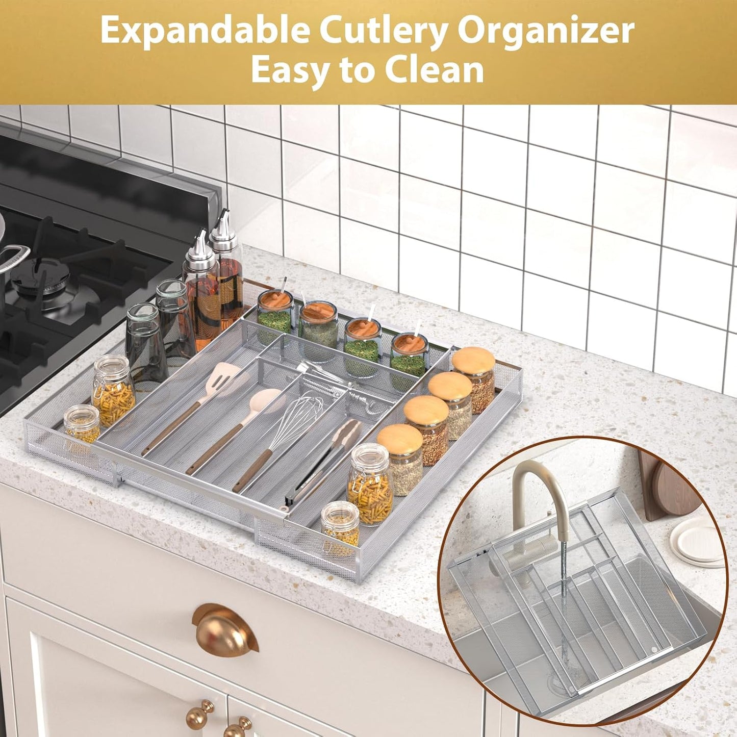 Sedegn Silverware Organizer Metal Mesh, Large Drawer Organizer, Utensil Cutlery Tray for kitchen drawers, Flatware Organizer with 6 Compartment, Black (11.3”*16“)