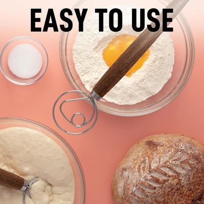 Zulay Kitchen 13-Inch Danish Dough Whisk - Stainless Steel Wooden Whisk with Dough Hook - Sourdough Whisk for Bread, Pizza, Pastry, Cake Batter & More - Wood