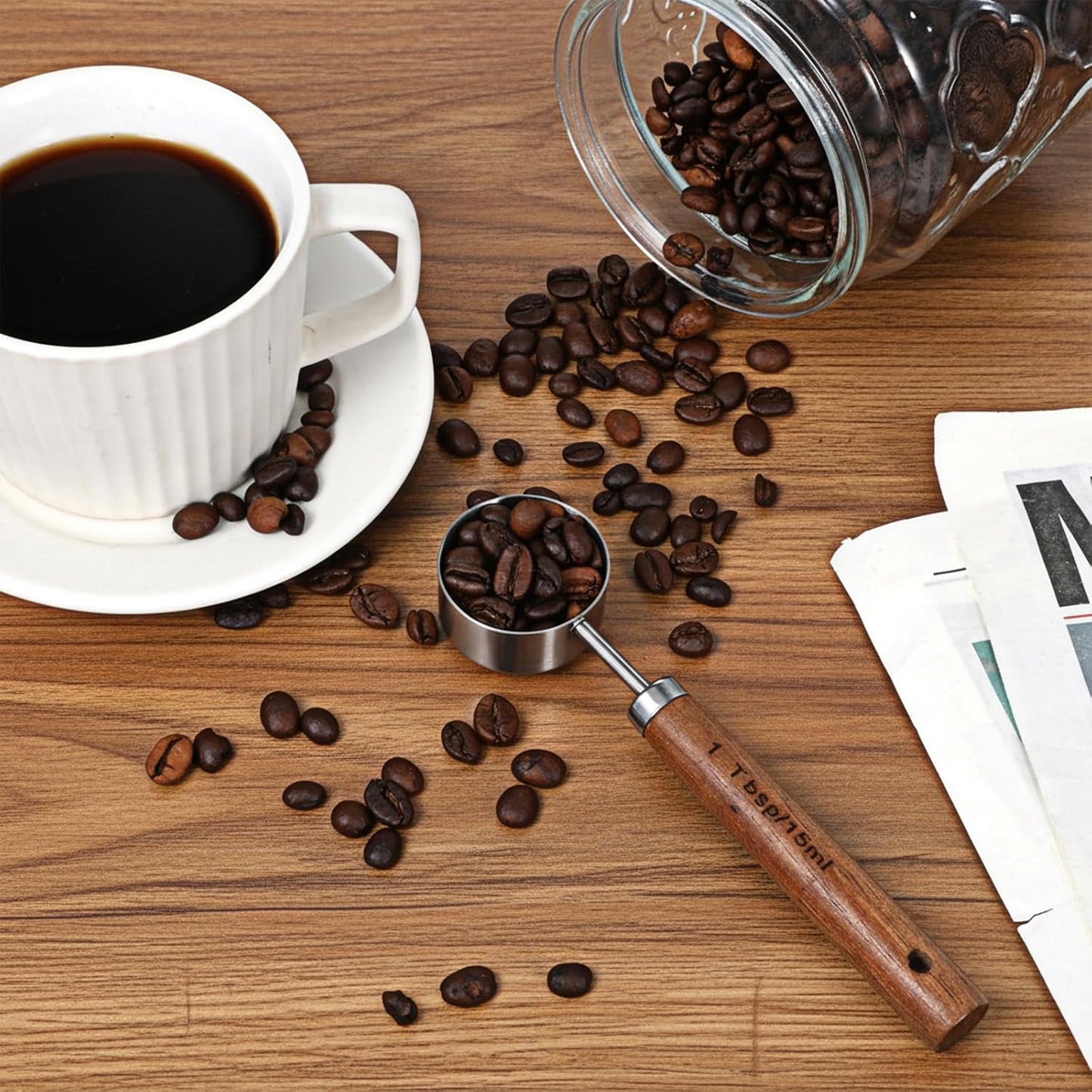Coffee Measuring Spoon, Vintage Coffee Measuring Scoop 1 Tablespoon 15ml Stainless Steel Coffee-Spoon with Walnut Handle for Ground Coffeebeans Tea and More (Silver)