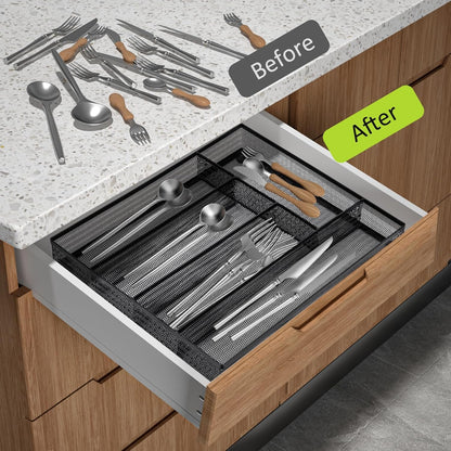 Neudeco Silverware Drawer Organizer - 5 Compartment Cutlery Tray with Non-Slip Feet, Mesh Wire Flatware Storage Divider for Kitchen, Bedroom, Living Room (Silver)