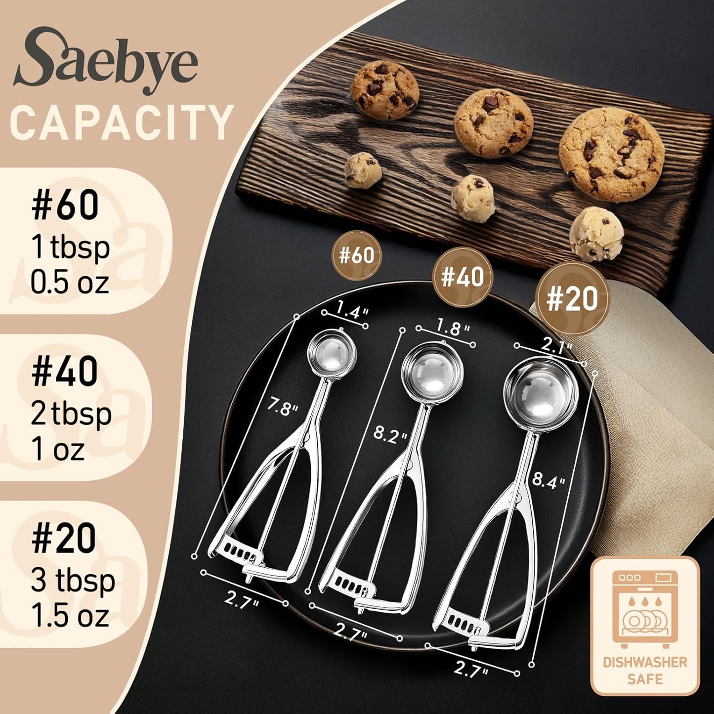 Saebye Cookie Scoop Set, Cookie Scoops for Baking Set of 3, Cookie Dough Scoop, 1 Tbsp/ 2 Tbsp/ 3 Tbsp, Melon Baller Scoop, Ice Cream Scoop with Trigger, for Cookie Cupcake Muffin Ice Cream Truffles