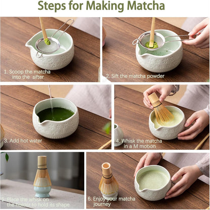 Buucup Matcha Whisk Set, Ceramic Matcha Kit Set Includes Matcha Bowl, Matcha Whisk and Holder, Bamboo Scoop, Scoop Rest, Sifter and Tea Towel - 7 Pcs Matcha Kit for Matcha Lovers (Mottled Green)
