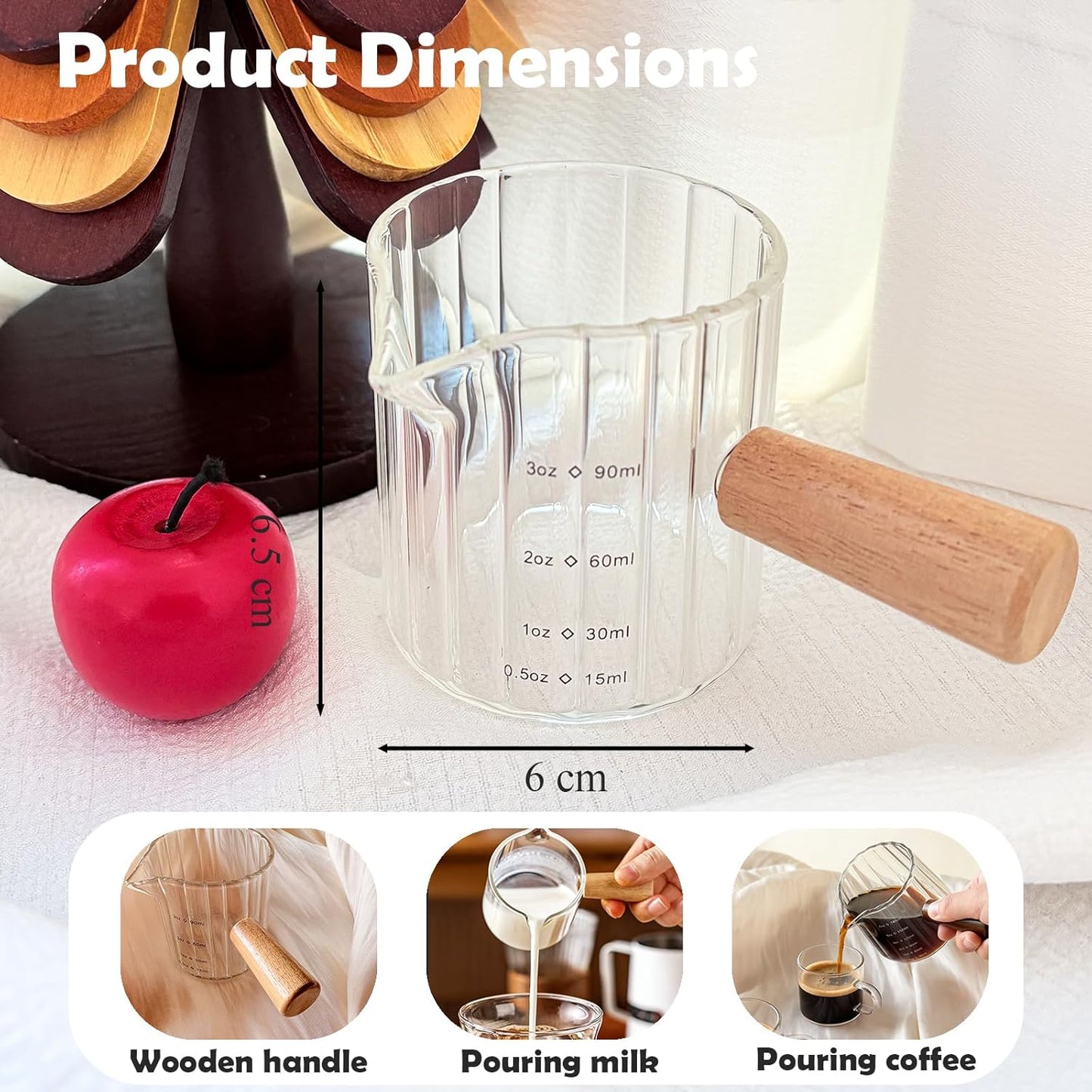 Espresso Measuring Cup with Handle, Espresso Pouring Cup, Espresso Shot Cup, 3oz Glass Measuring Cup For Coffee, Milk, Tea, Baking and Cooking (Clear 90ml)