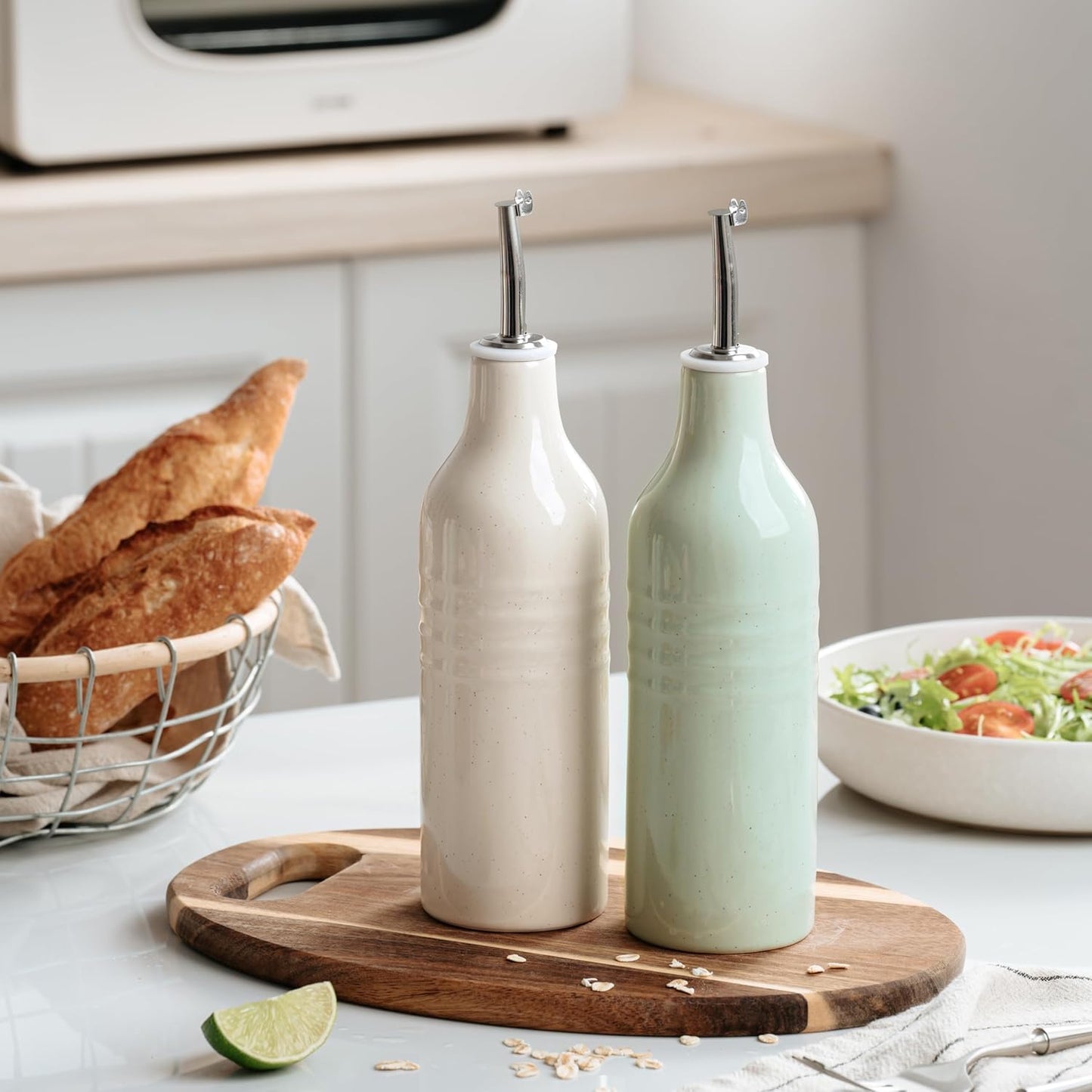famiware Milkyway 16oz Ceramic Olive Oil Dispenser Bottle, 1 Piece Oil Dispenser for Kitchen with Stainless Steel Pourers, Suitable for Storage Vinegar, Soy Sauce, Coffee Syrup, Liquids, White