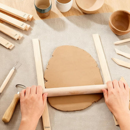 13 Pcs Pottery Tools, 5 Size Teaching Rolling Mud Stick Guide, Wood Rolling Pin, Pottery Special Linen, Clay Fabric, Sponge, Premium Pottery Tools for Hobbyists & Ceramic Artists