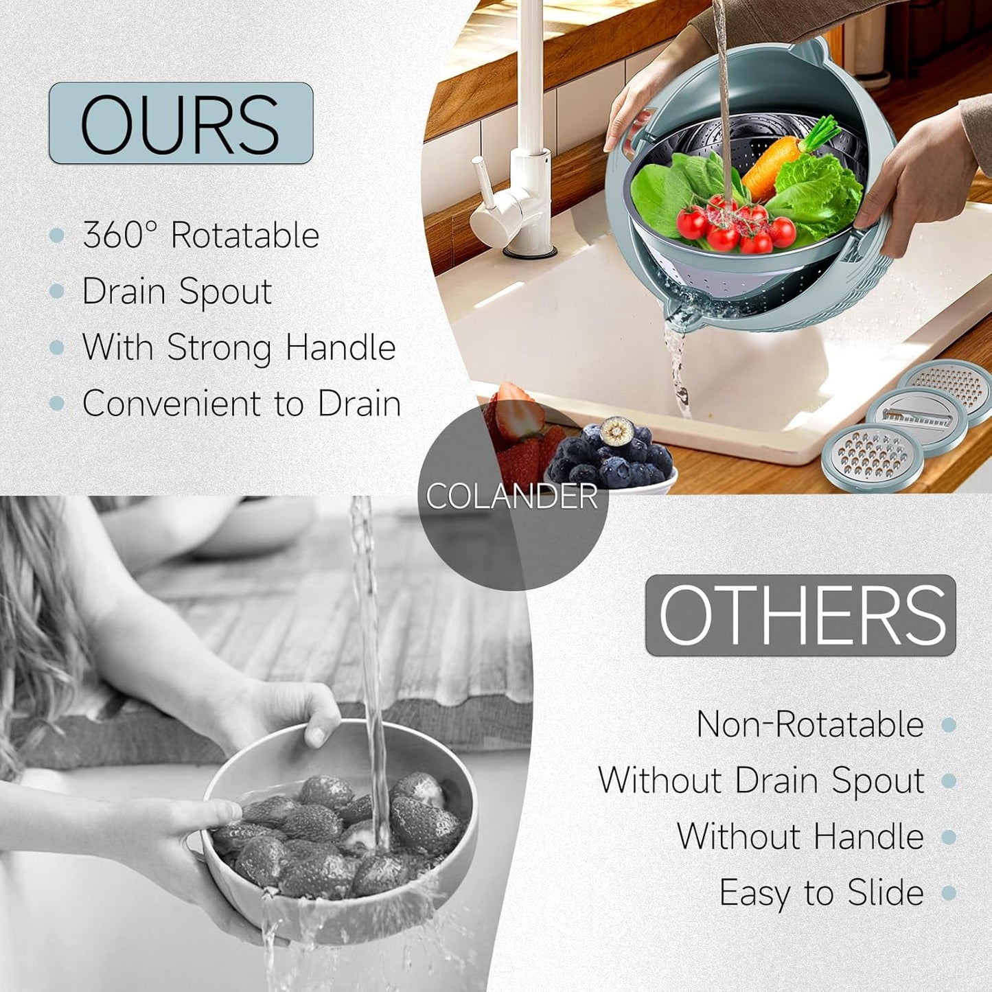 4-1 Colander with Bowl Set - Pasta Strainer - Colander for Kitchen - Strainers and Colanders Rice Strainer Fruit Cleaner Veggie Wash Sink Strainer Kitchen Essentials - Black
